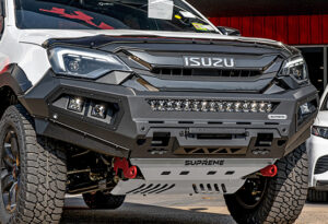 Supreme X-Series hoopless bumper replacement bull bar on Isuzu D-Max 2020 to 2024 with integrated RGB LED light bar and lights and 4000kg rated recovery points with bash plate