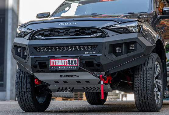 bull bar supreme x-series front bar to suit compatible with isuzu mux 2025 to current model. steel bumper replacement, light bar, bash plate, recovery points, led light bar, led cube lights, winch compatible, adr approved, warranty