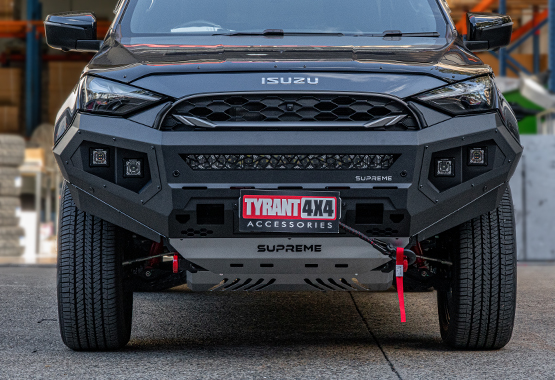 bull bar supreme x-series front bar to suit compatible with isuzu mux 2025 to current model. steel bumper replacement, light bar, bash plate, recovery points, led light bar, led cube lights, winch compatible, adr approved, warranty