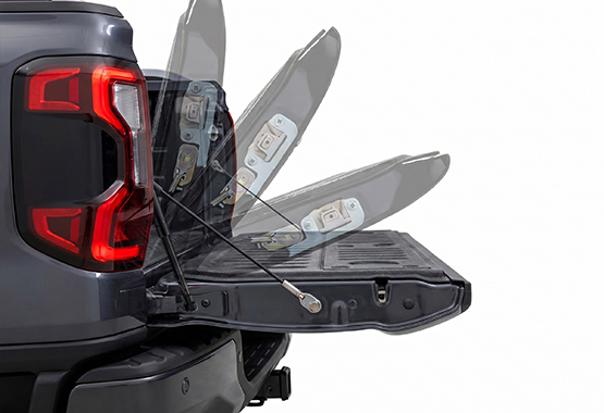 hsp tailgate assist for ford next gen ranger raptor model dampens the load while the tailgate is declining and reduces the weight when inclining>