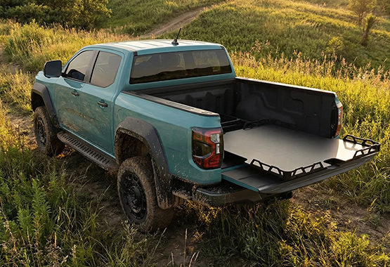 hsp tray slide 4x4 tray slide ute tray slide retractable loading platform installed in the tub of a pickup truck 4WD 4x4, allowing the entire floor to slide out for easy access to tools, camping gear, or fridges