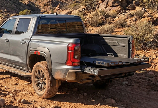 hsp load slide tray slide 4x4 ute retractable loading platform installed in the tub of a pickup truck 4WD 4x4, allowing the entire floor to slide out for easy access to tools, camping gear, or fridges