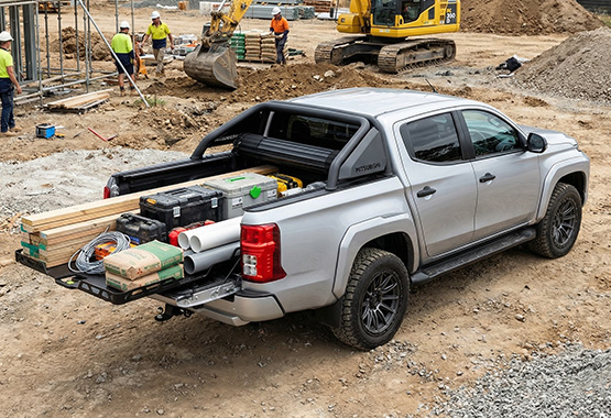 hsp load slide tray slide 4x4 ute retractable loading platform installed in the tub of a pickup truck 4WD 4x4, allowing the entire floor to slide out for easy access to tools, camping gear, or fridges