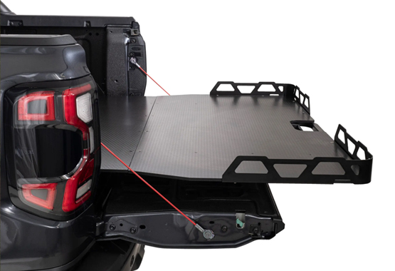 hsp load slide tray slide 4x4 ute retractable loading platform installed in the tub of a pickup truck 4WD 4x4, allowing the entire floor to slide out for easy access to tools, camping gear, or fridges