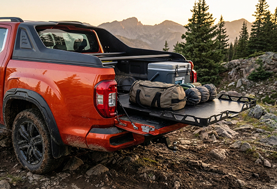 hsp load slide tray slide 4x4 ute retractable loading platform installed in the tub of a pickup truck 4WD 4x4, allowing the entire floor to slide out for easy access to tools, camping gear, or fridges